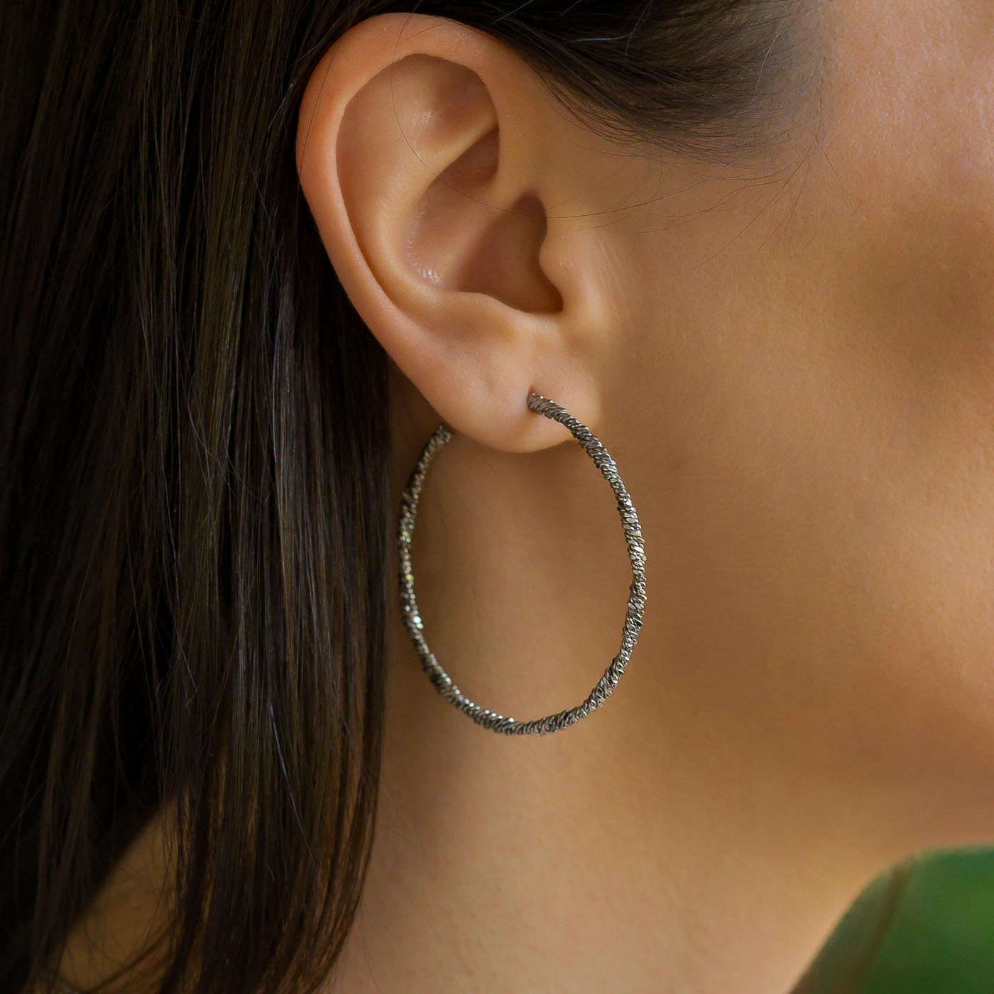 Large Corded Wire Sterling Silver Hoops with Diamond Cut Finish