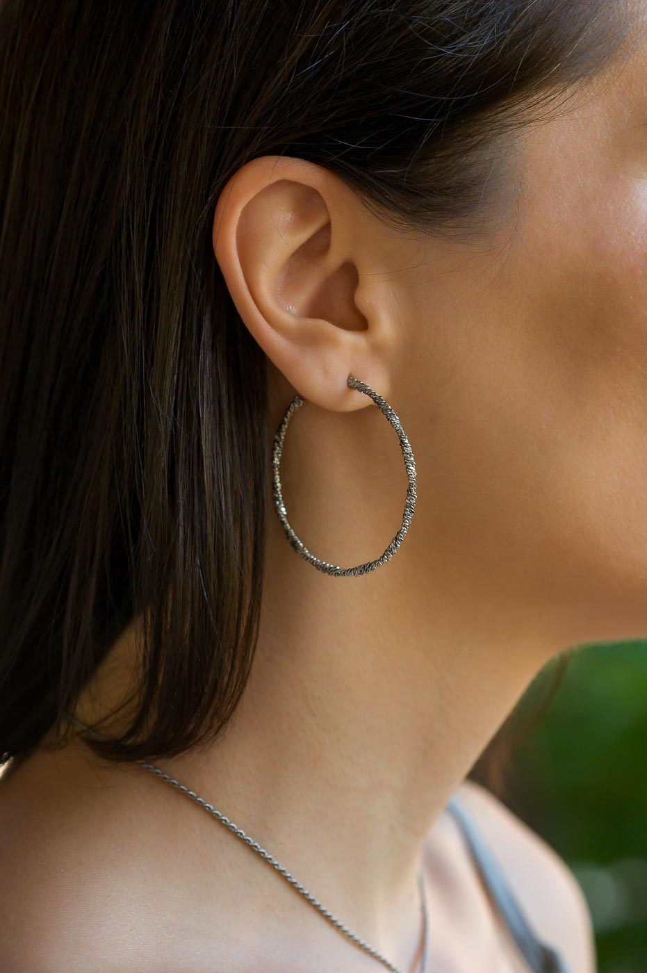 Large Corded Wire Sterling Silver Hoops with Diamond Cut Finish
