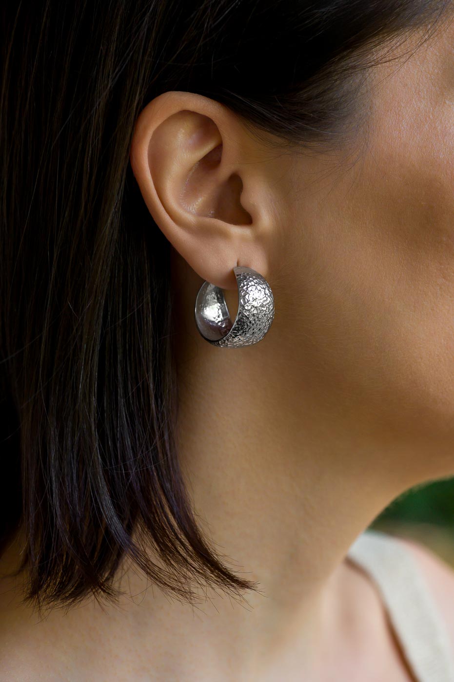 Wrought Sterling Silver Hammered Hoop Earrings