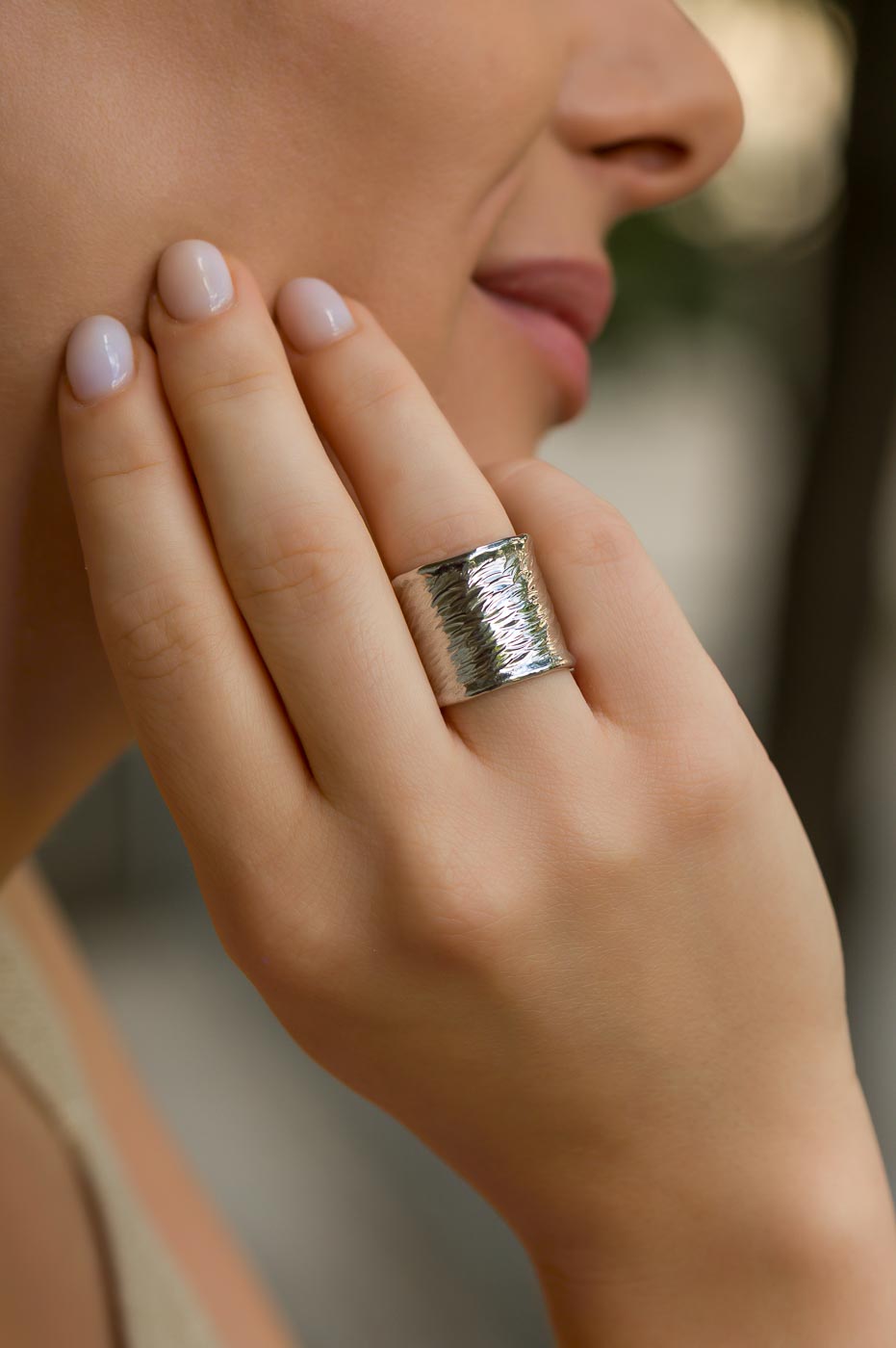 Wrought Texture Narrow Sterling Silver Shield Ring