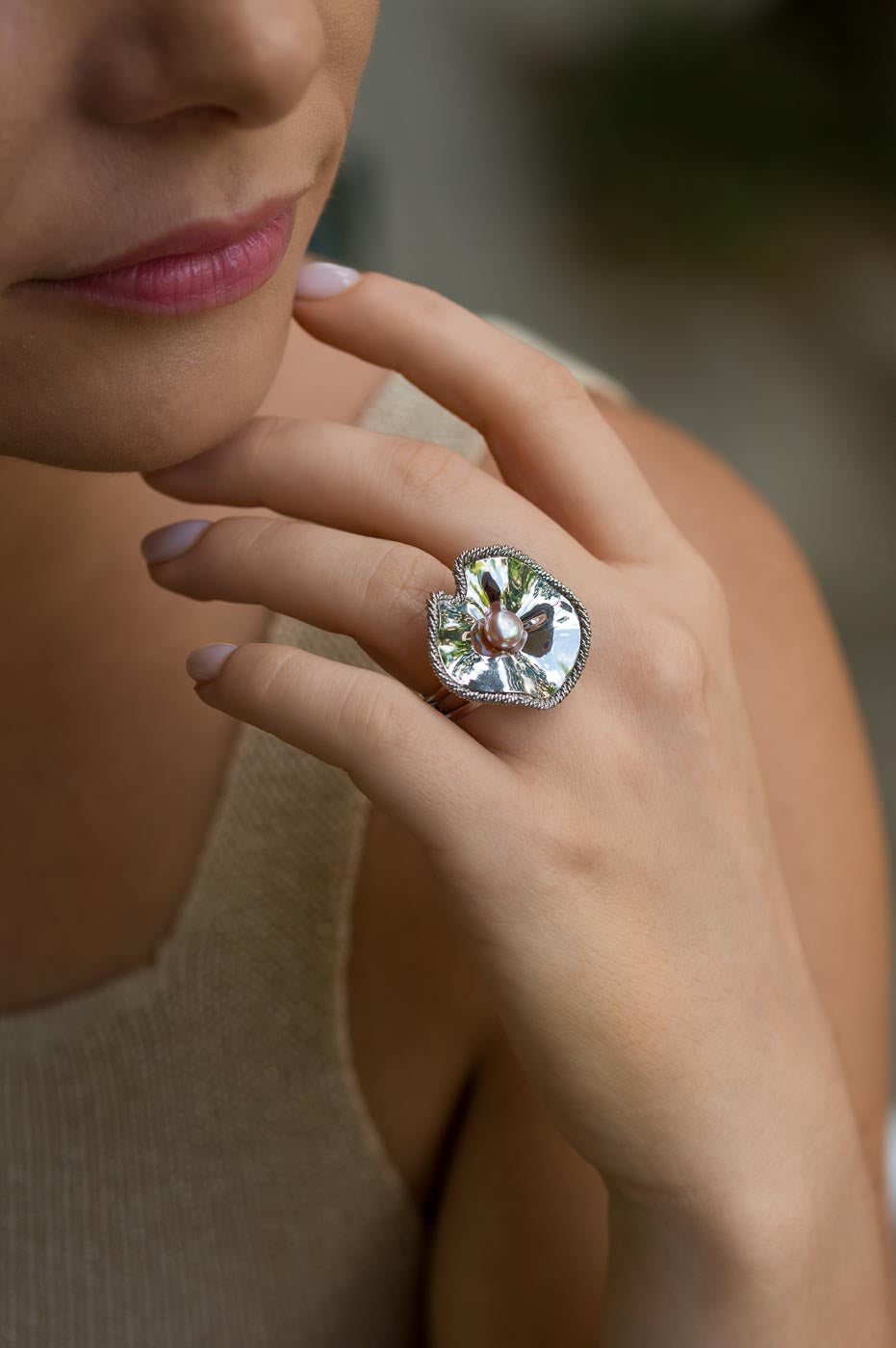 Corded Wire Sea Shell Sterling Silver Ring with Pearl