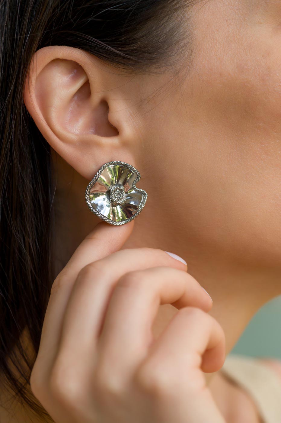 Sculptural Sea Shell Sterling Silver Stud Earrings with Corded Wire Edge