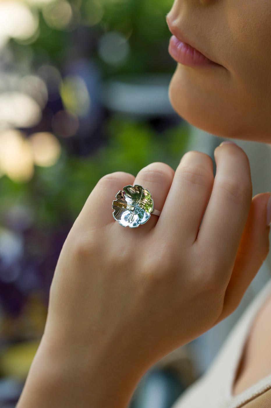 Round Petal Sterling Silver Ring with Textured Gold Accent