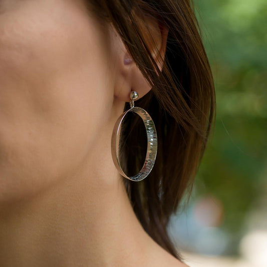 Diamond Cut Wide Hoop Sterling Silver Dangle Earrings