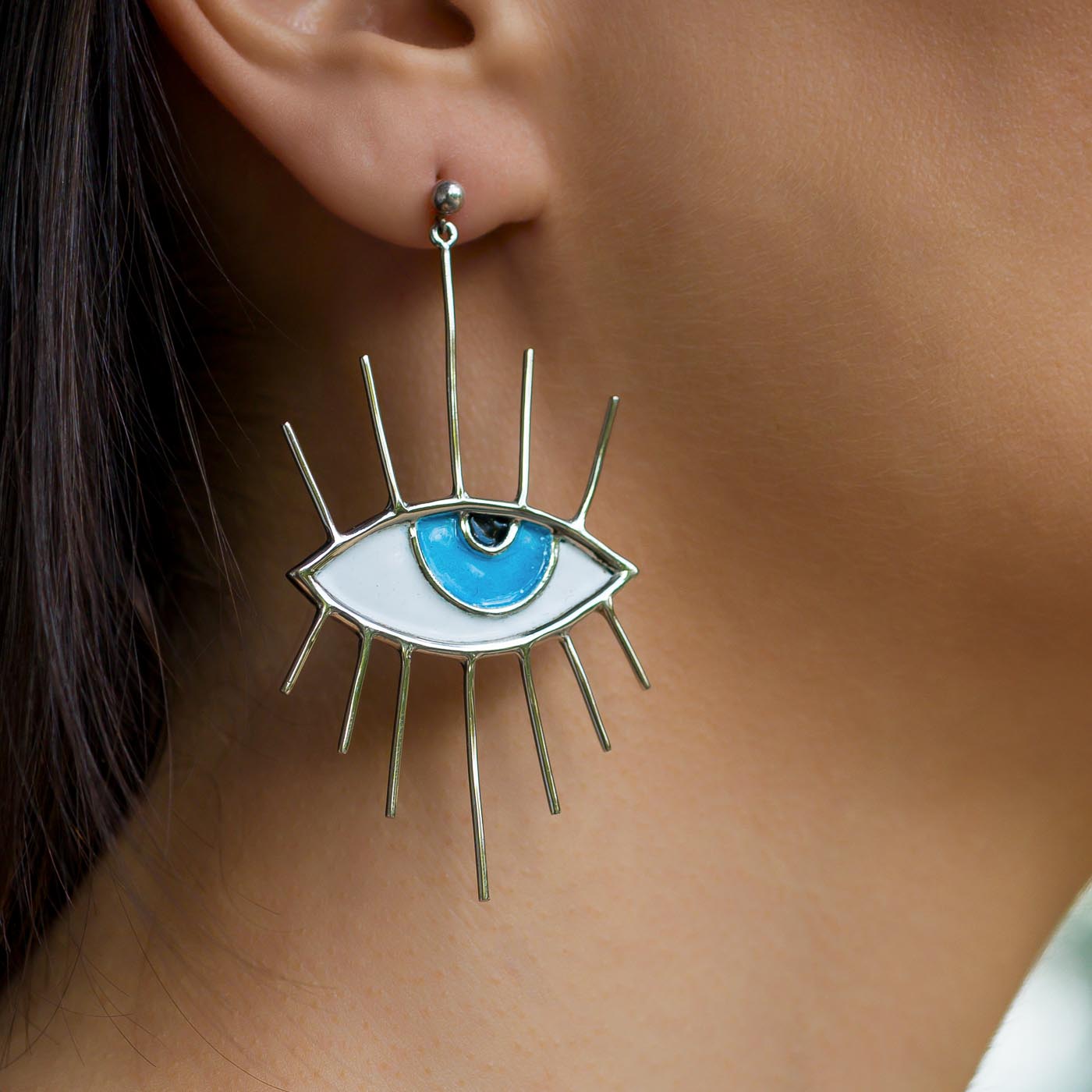 Evil Eye Enamel Sterling Silver Drop Earrings