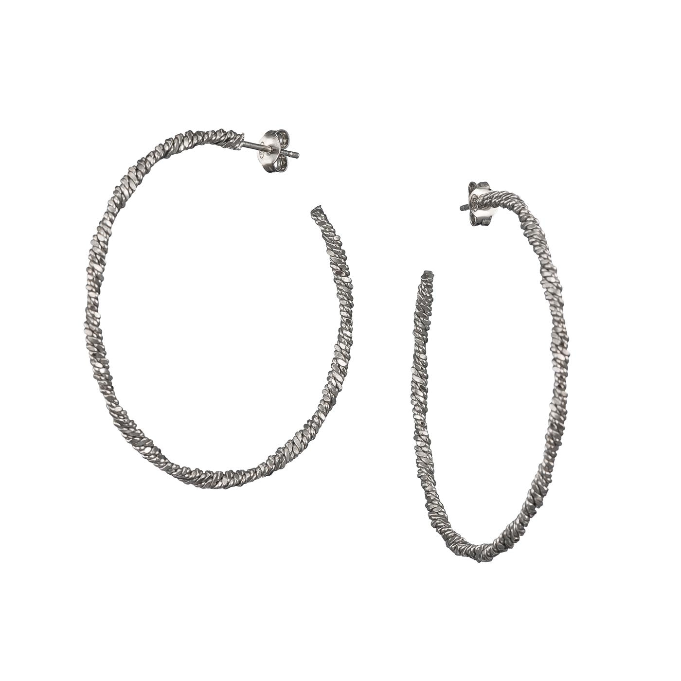 Large Corded Wire Sterling Silver Hoops with Diamond Cut Finish