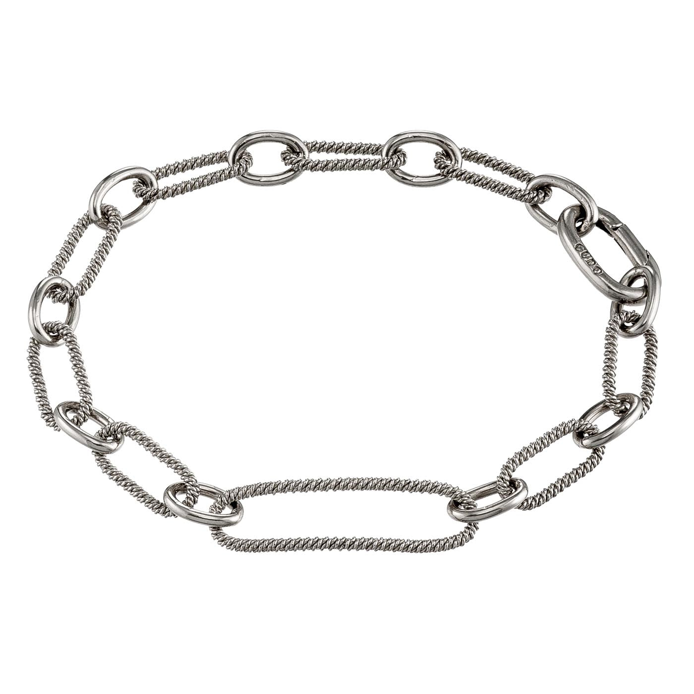 Corded Wire Chain Link Sterling Silver Bracelet with Carabiner Clasp