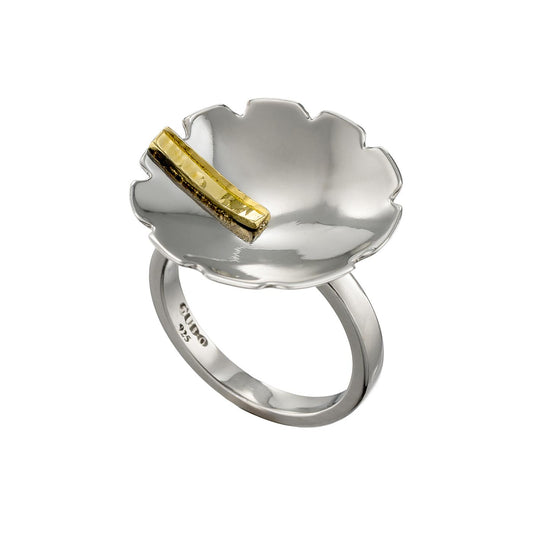 Round Petal Sterling Silver Ring with Textured Gold Accent