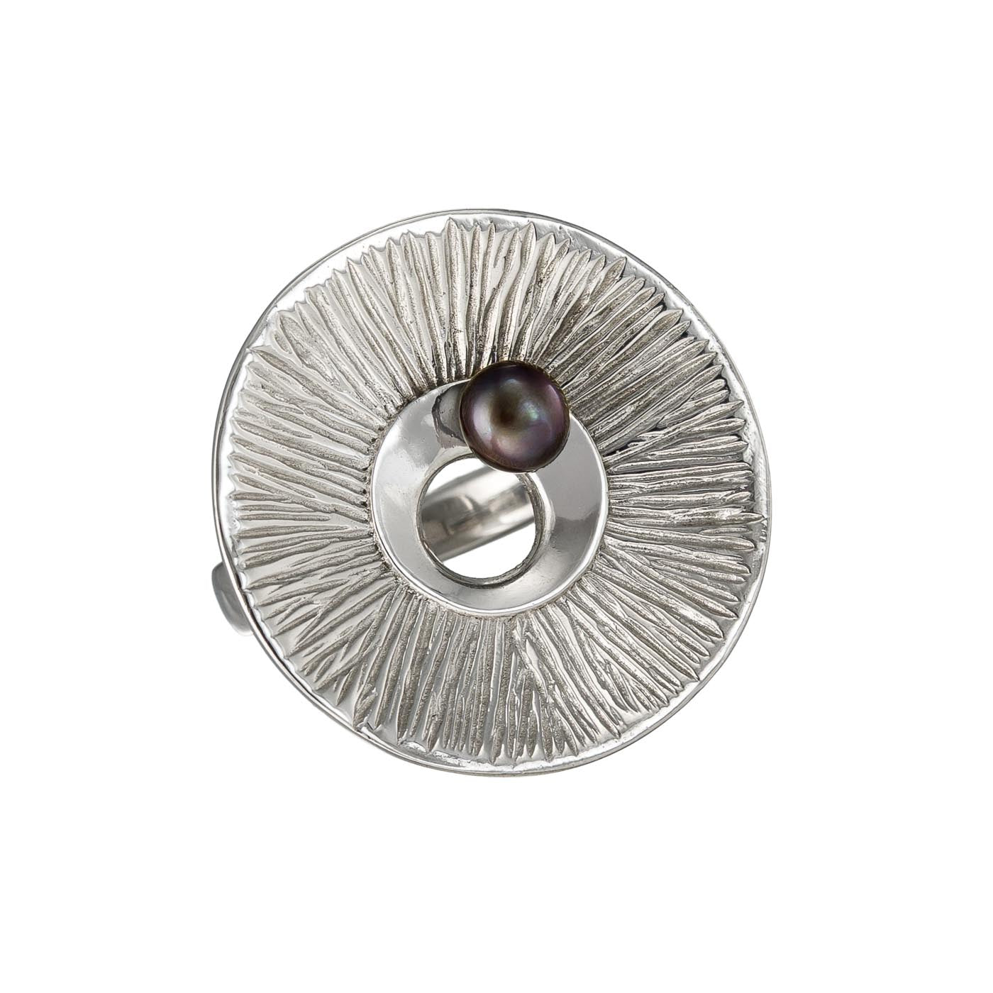 Textured Disc Sterling Silver Ring with Black Pearl