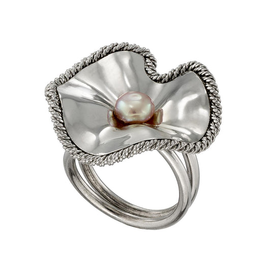 Corded Wire Sea Shell Sterling Silver Ring with Pearl