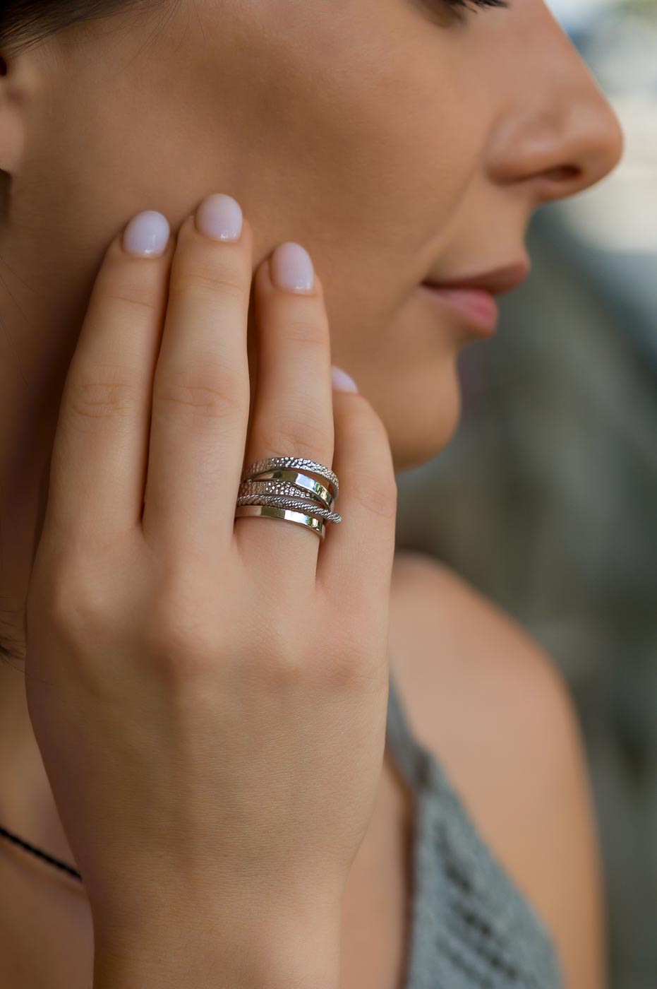 Multi-Texture Sterling Silver Layered Ring