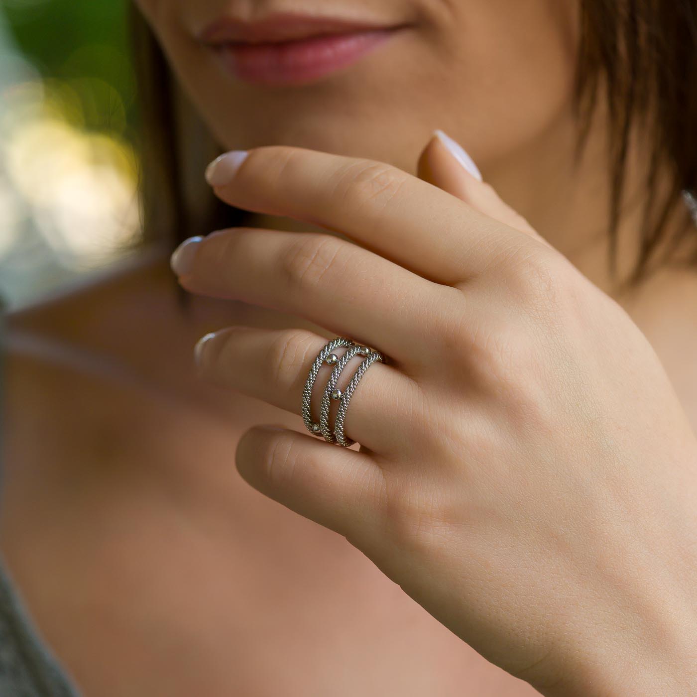 Twisted Sterling Silver Ring with Polished Sphere Accents