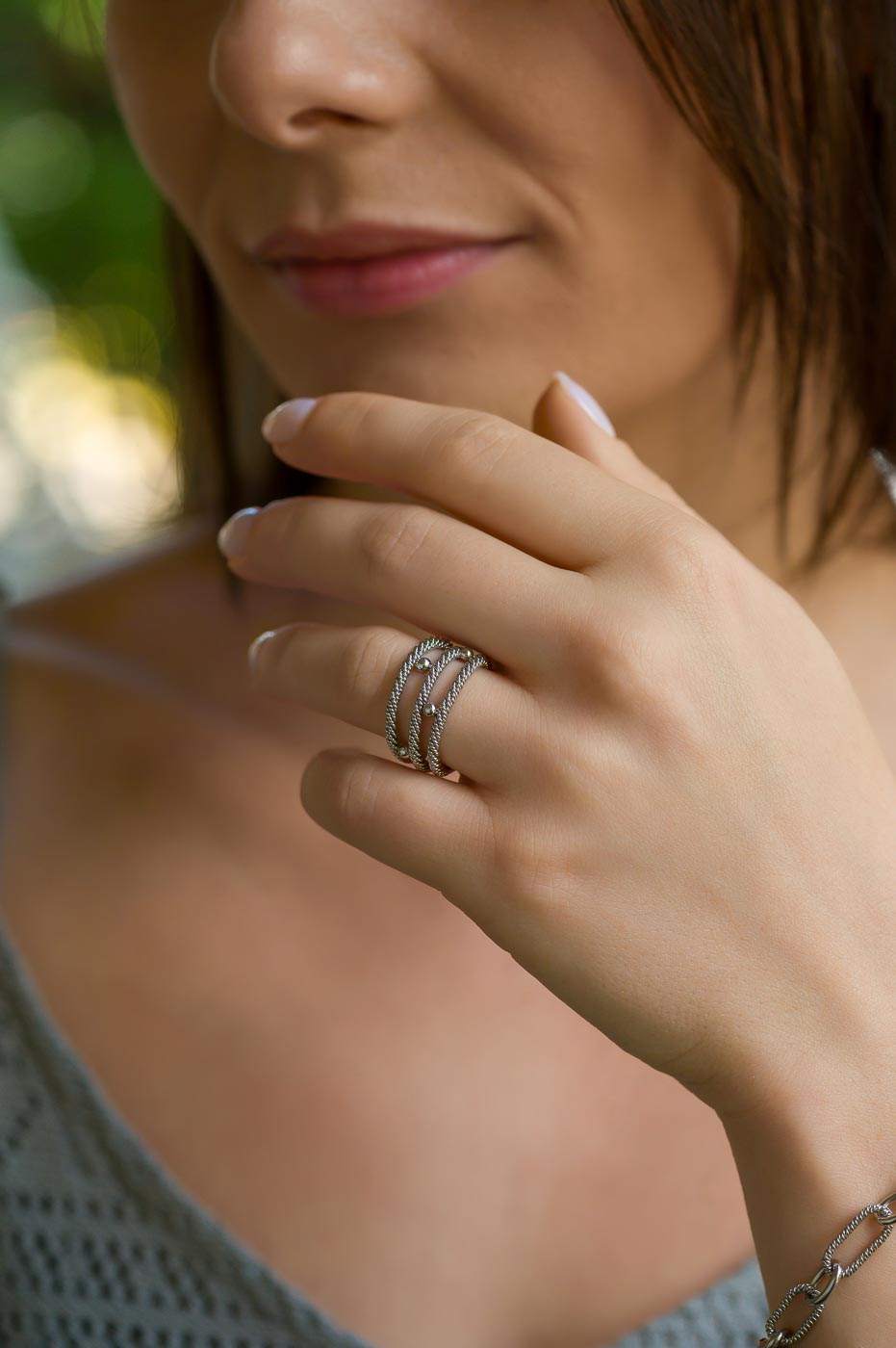 Twisted Sterling Silver Ring with Polished Sphere Accents