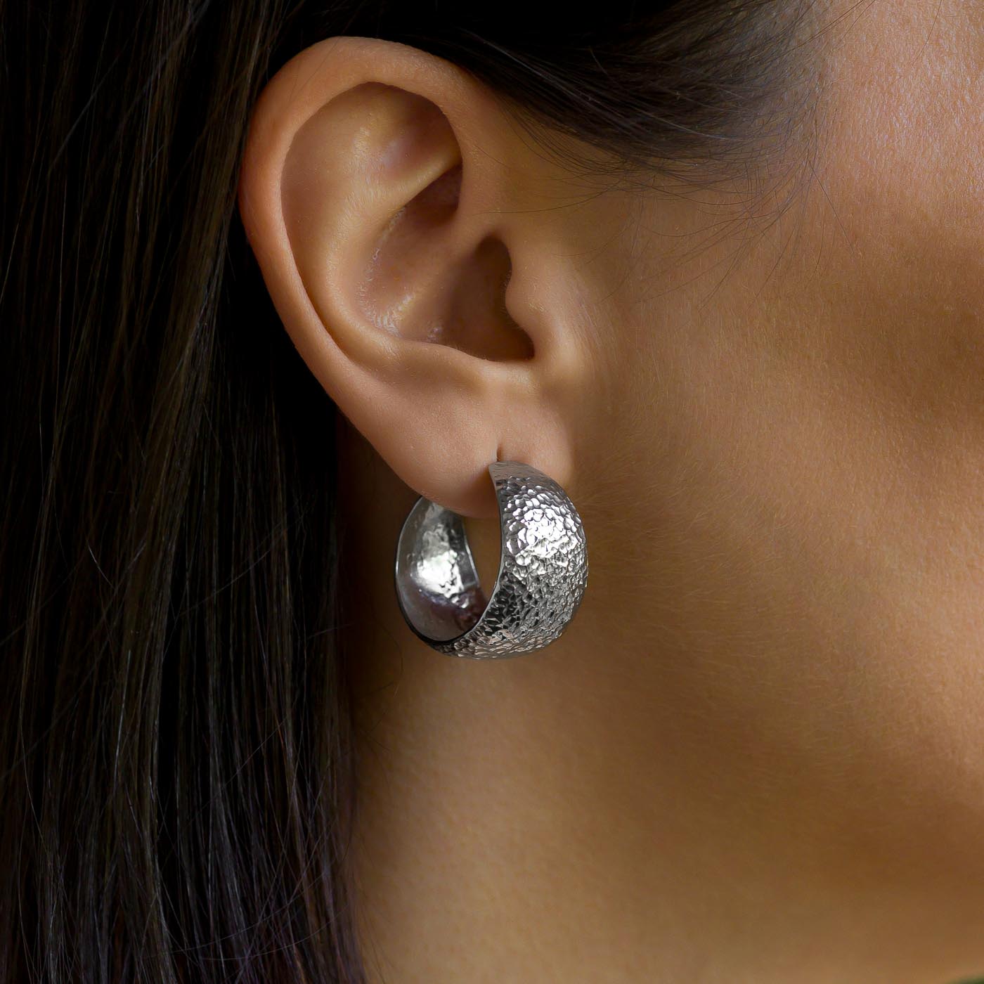 Wrought Sterling Silver Hammered Hoop Earrings