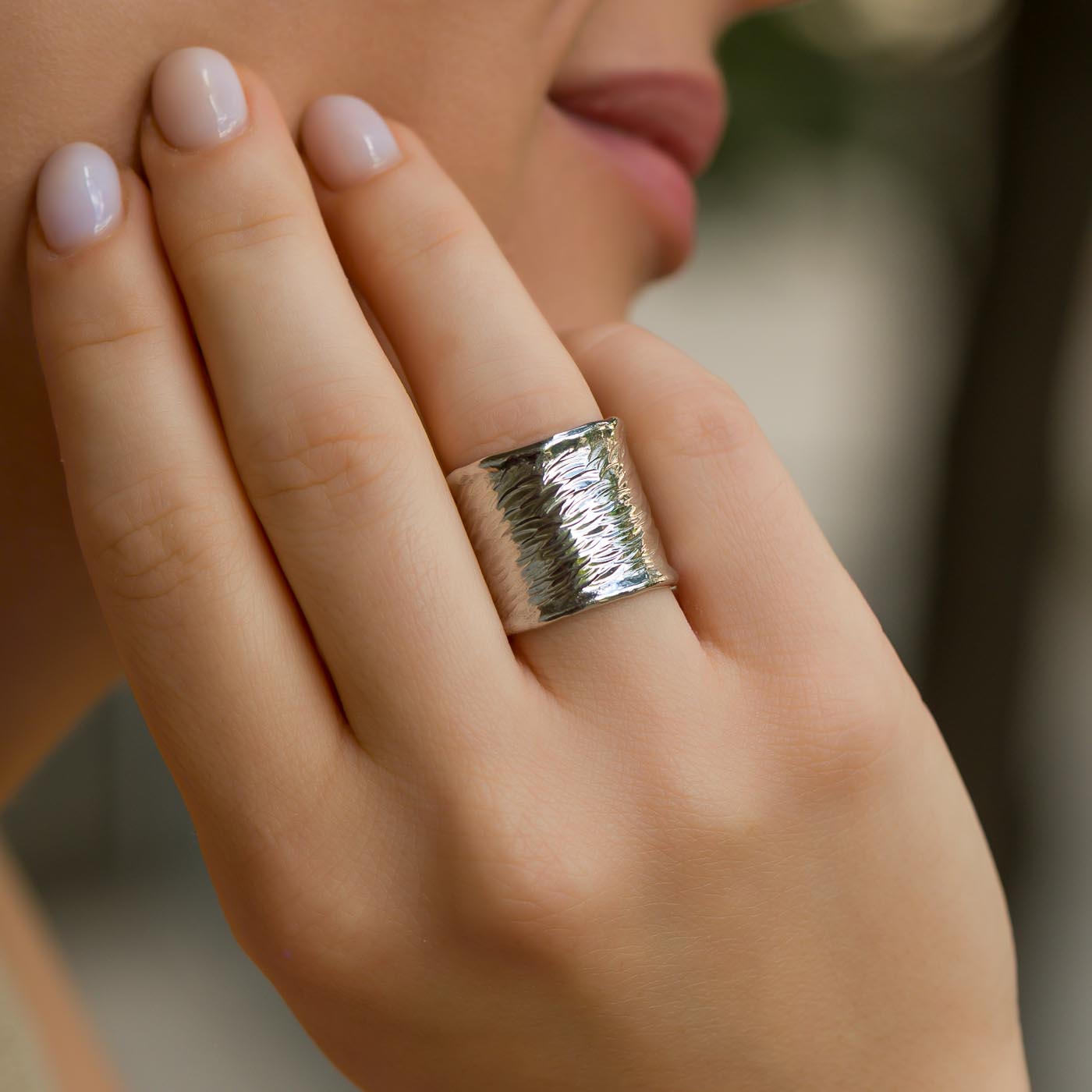 Wrought Texture Narrow Sterling Silver Shield Ring