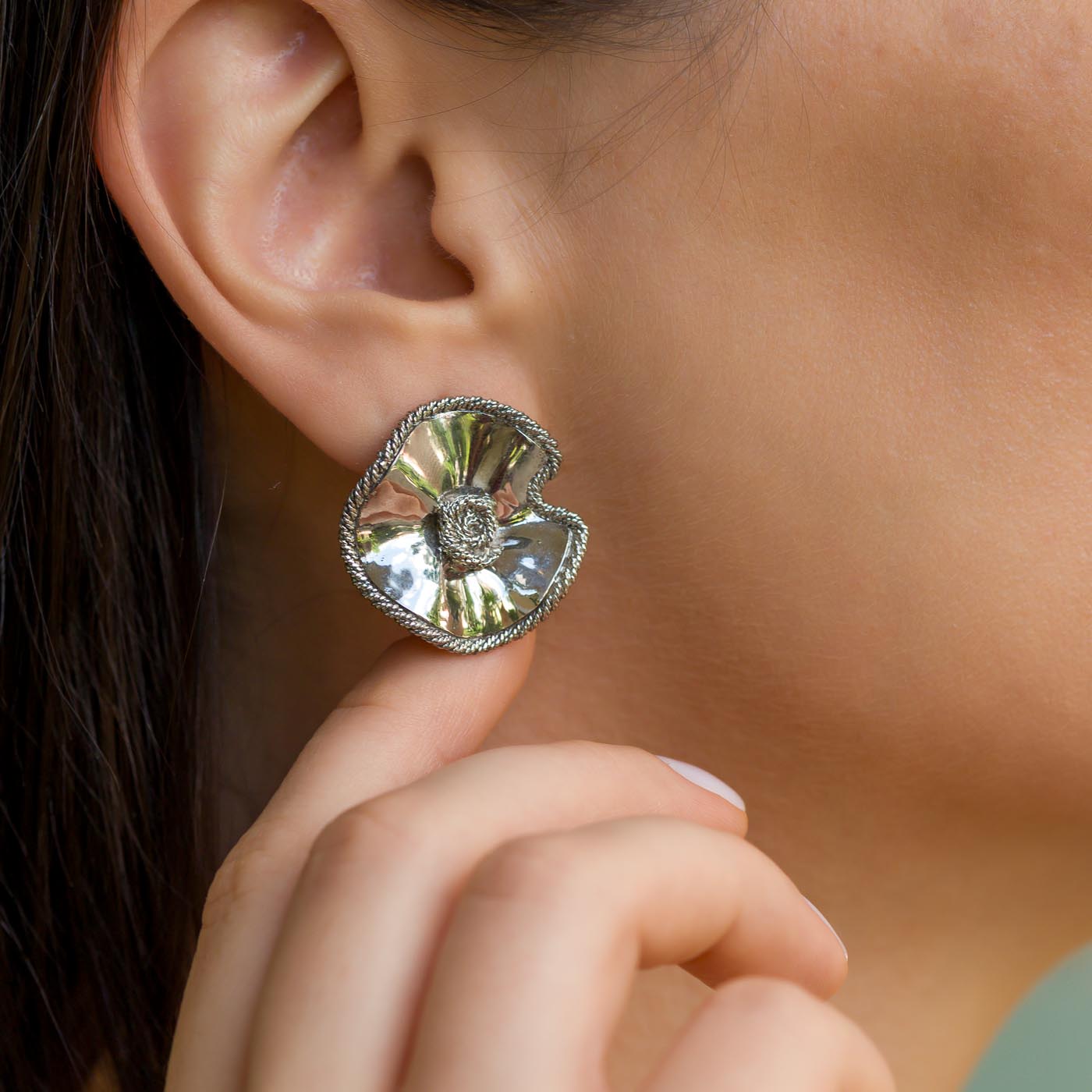 Sculptural Sea Shell Sterling Silver Stud Earrings with Corded Wire Edge