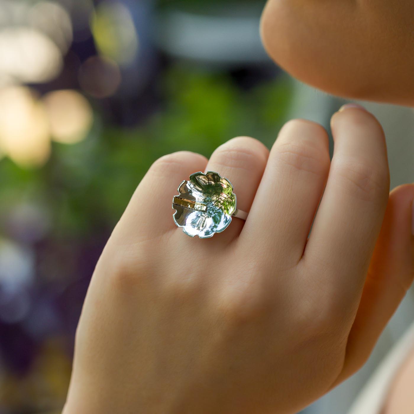 Round Petal Sterling Silver Ring with Textured Gold Accent
