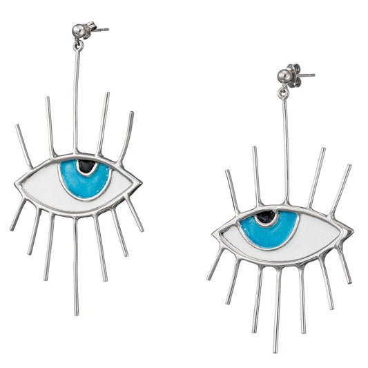 Evil Eye Enamel Sterling Silver Drop Earrings