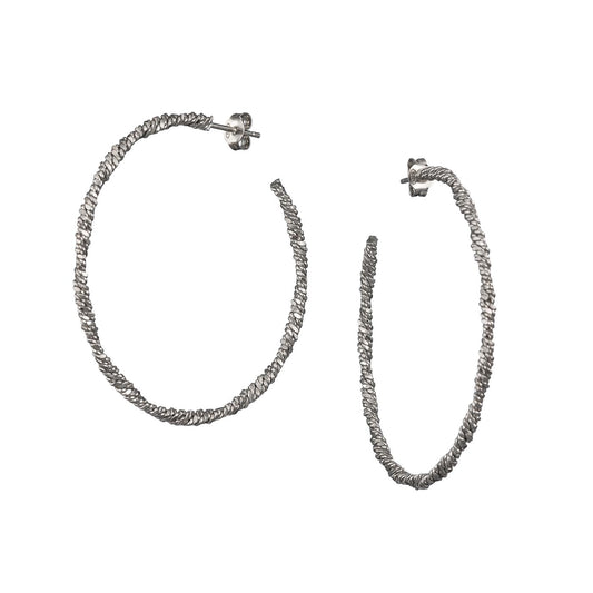 Large Corded Wire Sterling Silver Hoops with Diamond Cut Finish