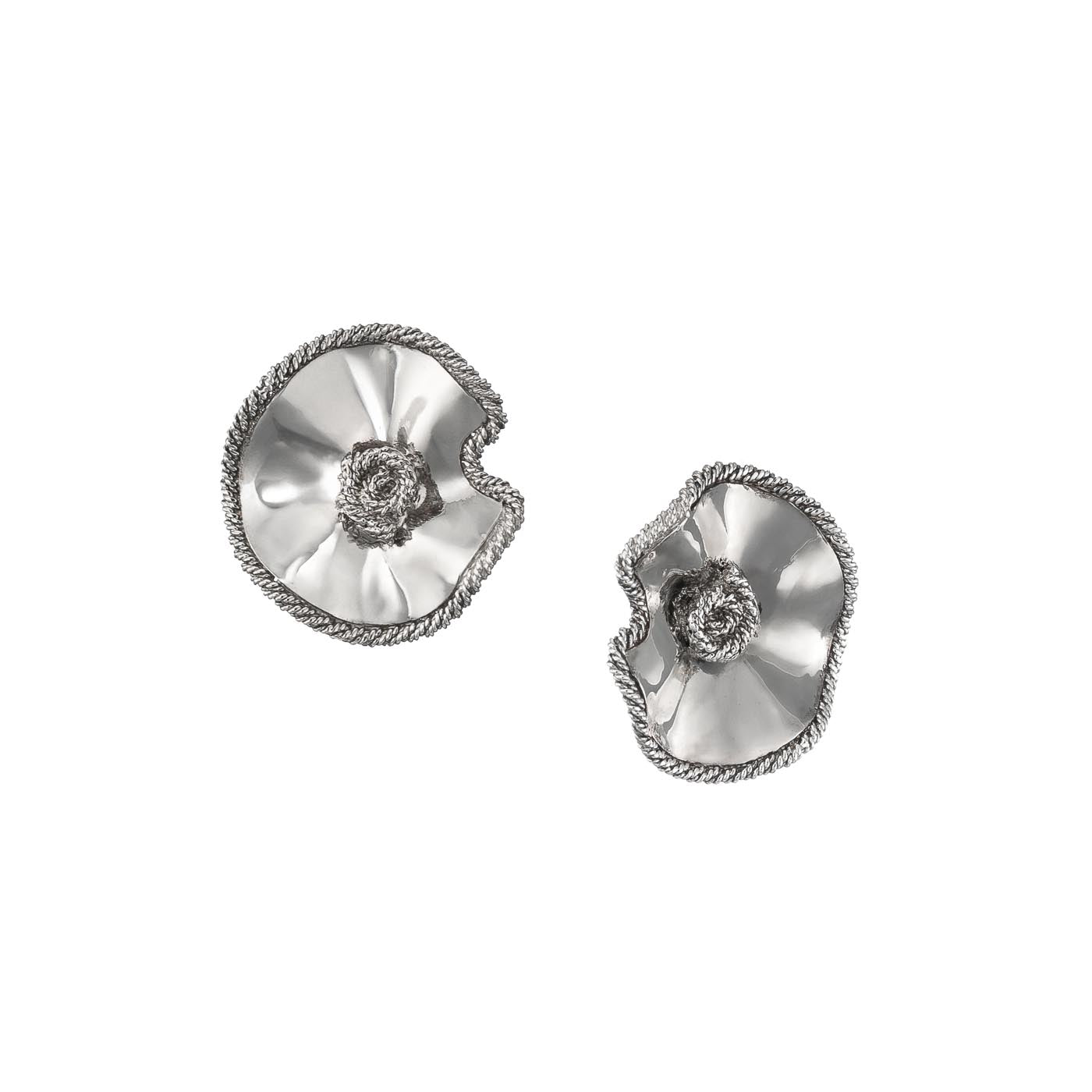 Sculptural Sea Shell Sterling Silver Stud Earrings with Corded Wire Edge